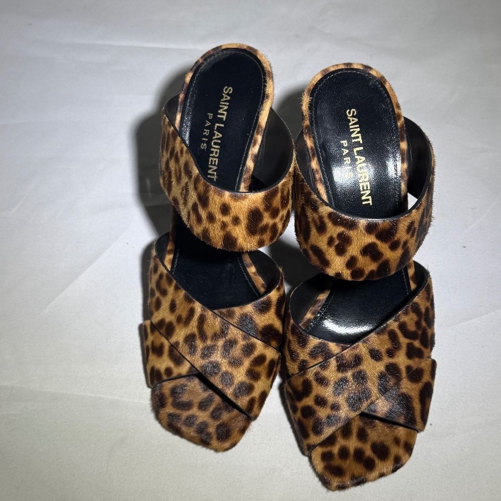 Saint Laurent Leopard Print Calf Hair Mules. Block heel